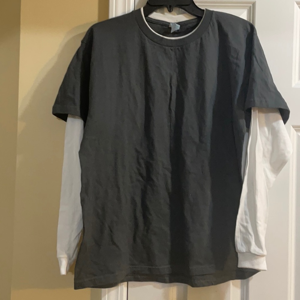black short sleeve with white long sleeve underneath